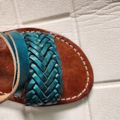 Handmade Moroccan Women’s Sandals – Turquoise Braided Leather Summer Shoes – Genuine Tan Flat Sandals, Real Leather Slides, Gift For Her