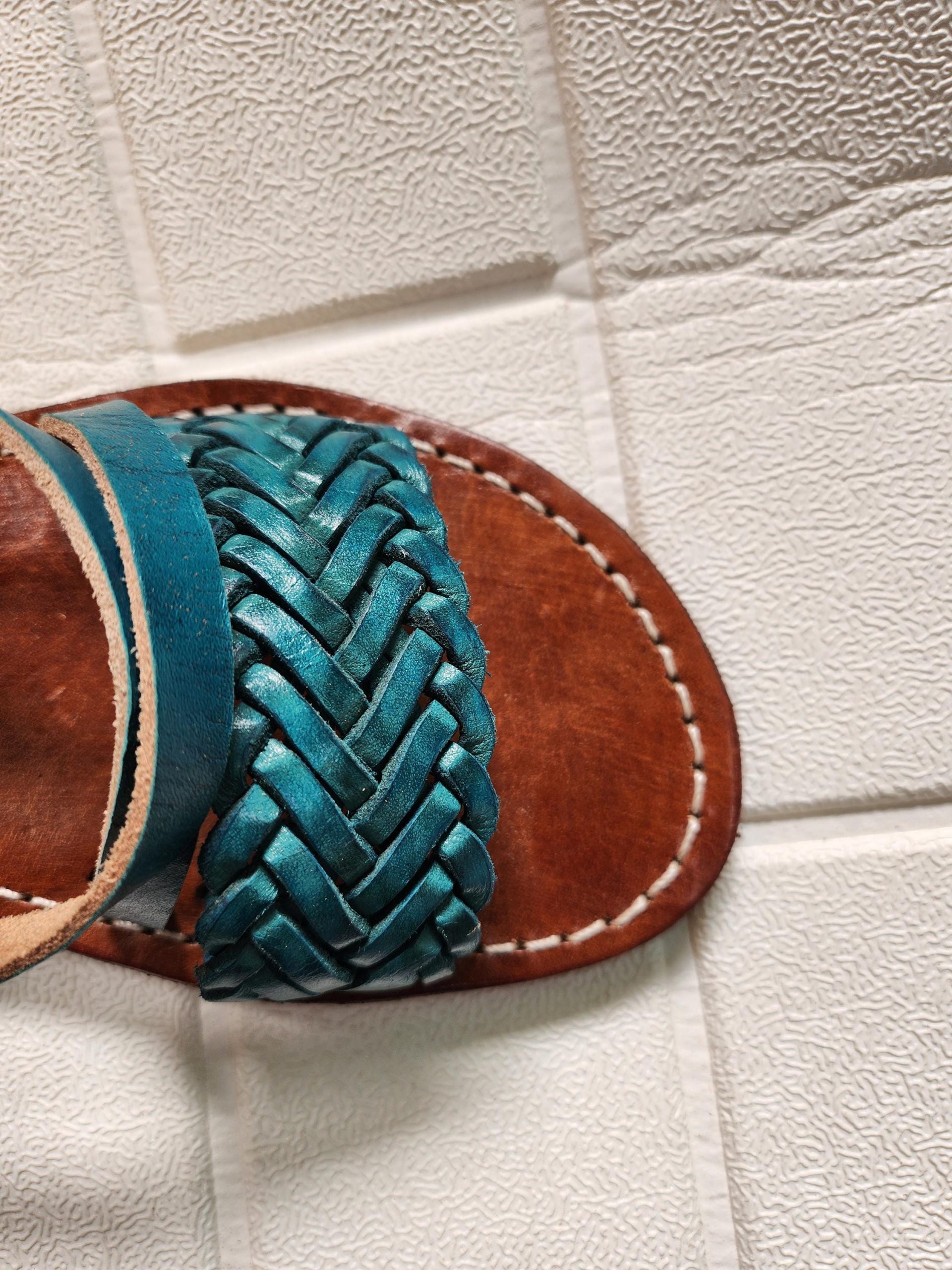 Handmade Moroccan Women’s Sandals – Turquoise Braided Leather Summer Shoes – Genuine Tan Flat Sandals, Real Leather Slides, Gift For Her