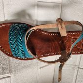Handmade Moroccan Women’s Sandals – Turquoise Braided Leather Summer Shoes – Genuine Tan Flat Sandals, Real Leather Slides, Gift For Her