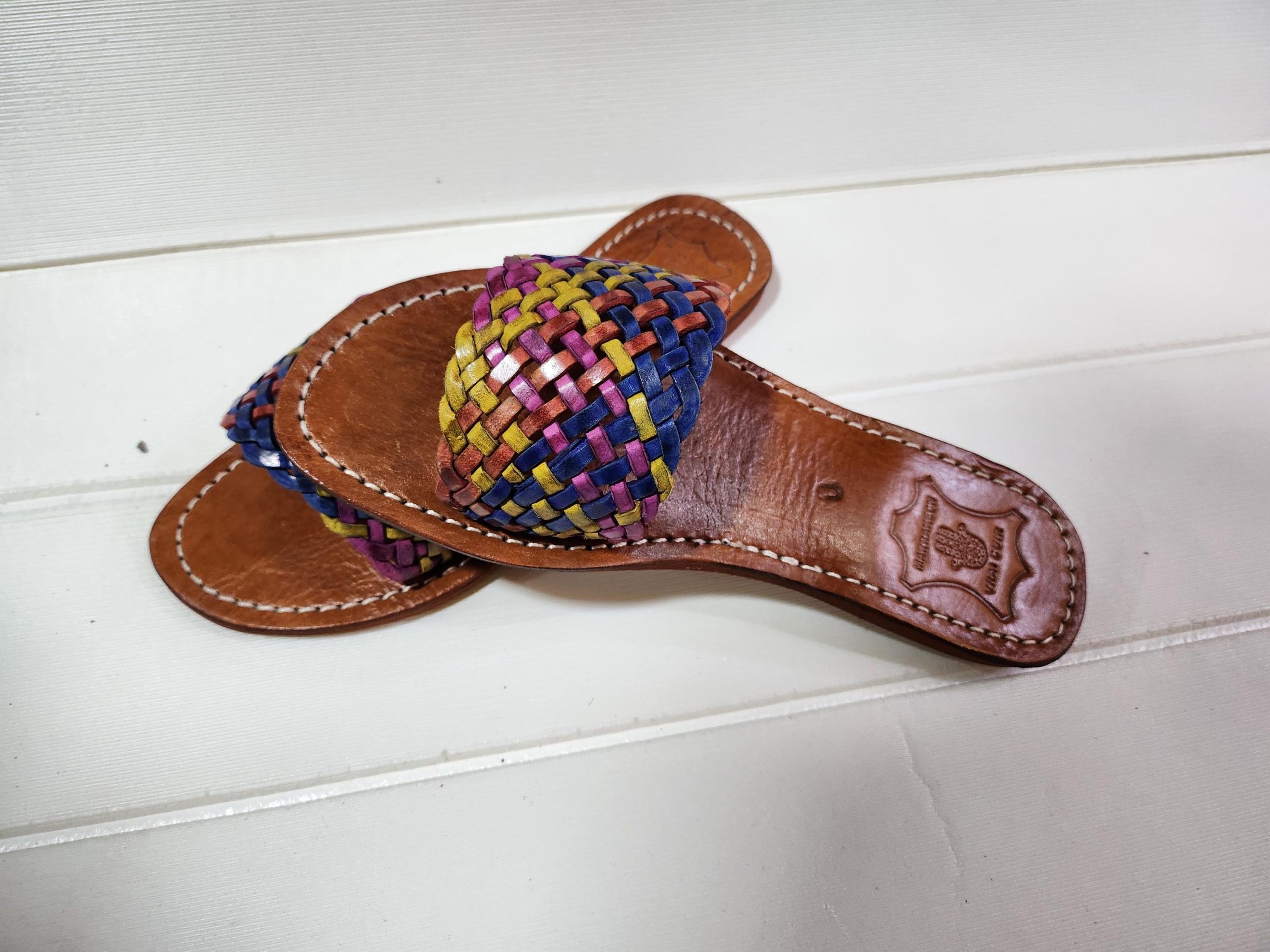 Handmade Moroccan Leather Sandals For Women – Vrai Cuir Marrakech – Colorful Woven Strap – Boho Summer Slides – Artisan Leather Shoes