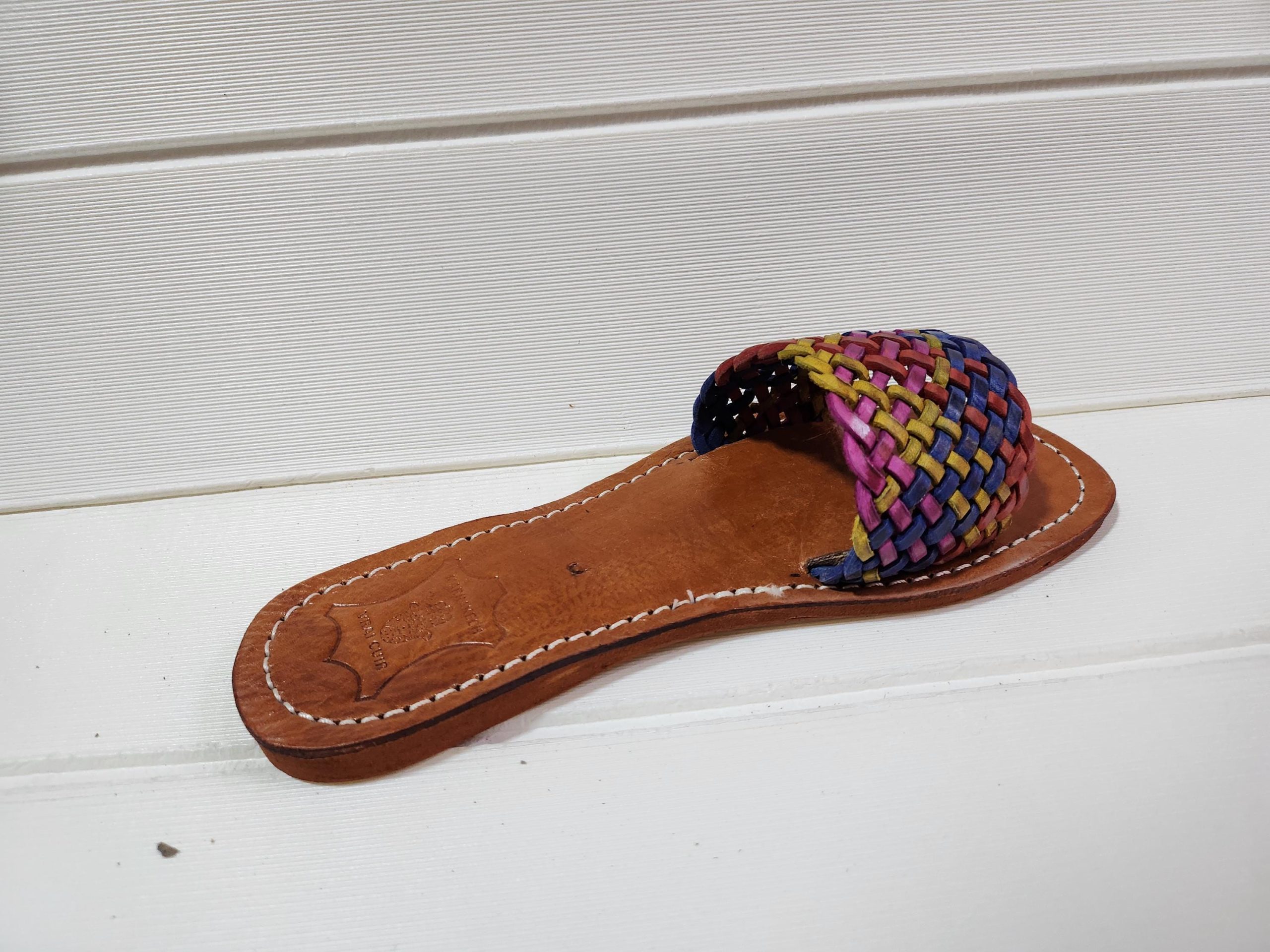Handmade Moroccan Leather Sandals For Women – Vrai Cuir Marrakech – Colorful Woven Strap – Boho Summer Slides – Artisan Leather Shoes