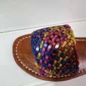 Handmade Moroccan Leather Sandals For Women – Vrai Cuir Marrakech – Colorful Woven Strap – Boho Summer Slides – Artisan Leather Shoes