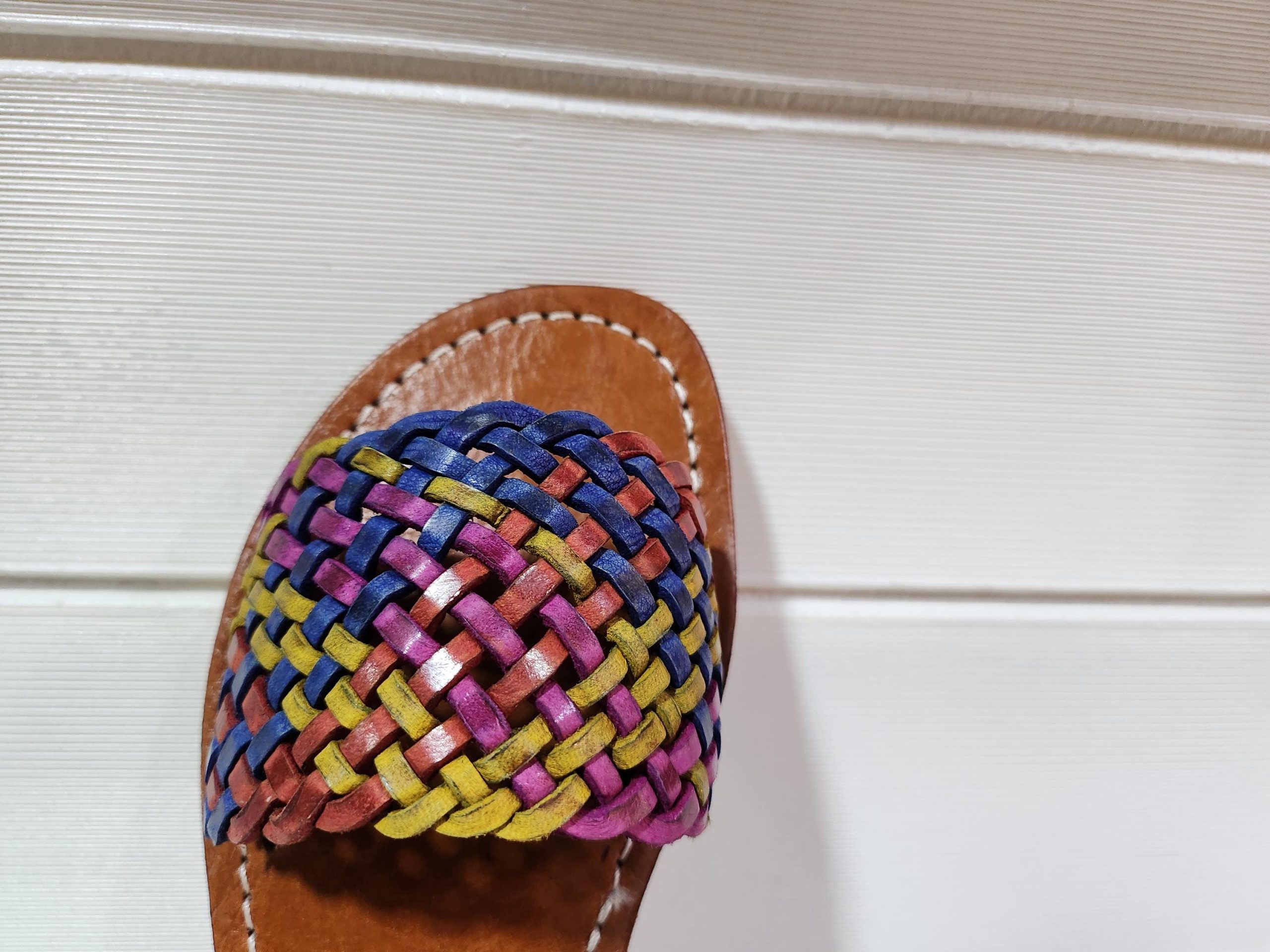Handmade Moroccan Leather Sandals For Women – Vrai Cuir Marrakech – Colorful Woven Strap – Boho Summer Slides – Artisan Leather Shoes